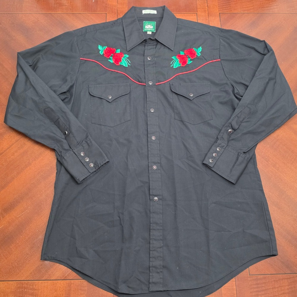 Rock Creek Ranch Western Shirt Mens L Black Rose Embroidery Snap Front Cowboy